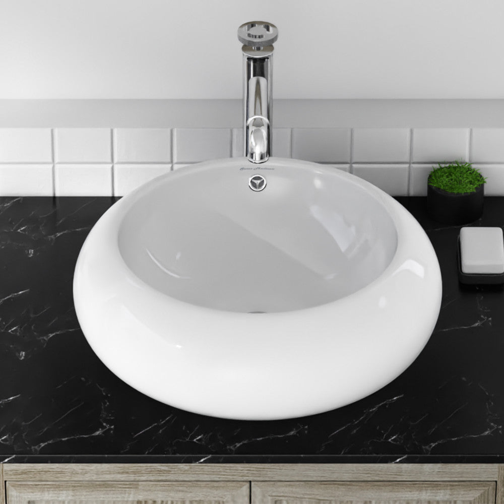 Round vessel bathroom sink, white ceramic, smooth glossy finish, above-counter installation.