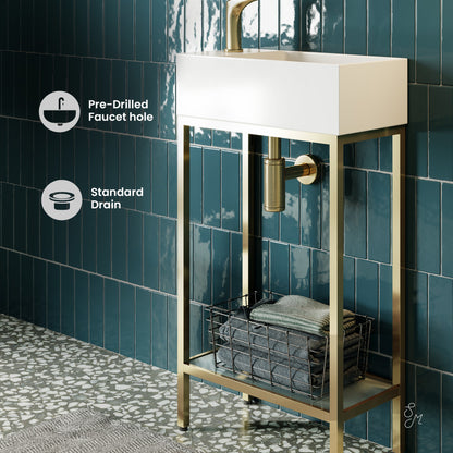 19.5-inch freestanding bathroom vanity with open shelf and gold metal frame.