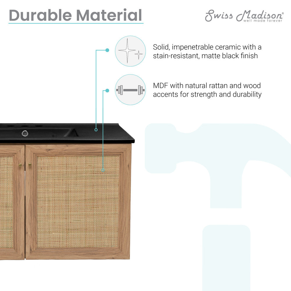 Classe 36 in. Brown Oak Wall Hung Bathroom Vanity With Black, 3-Hole Ceramic Sink Top