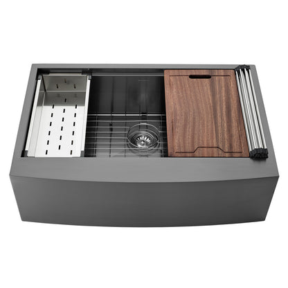 33 x 22-inch black farmhouse sink with single basin, apron front, integrated workstation accessories.