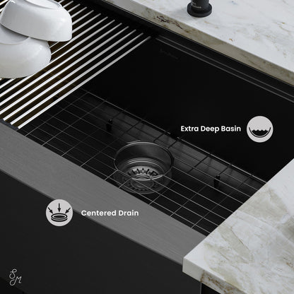 Tourner 33 x 22 Stainless Steel, Single Basin, Farmhouse Kitchen Workstation Sink with Apron in Black