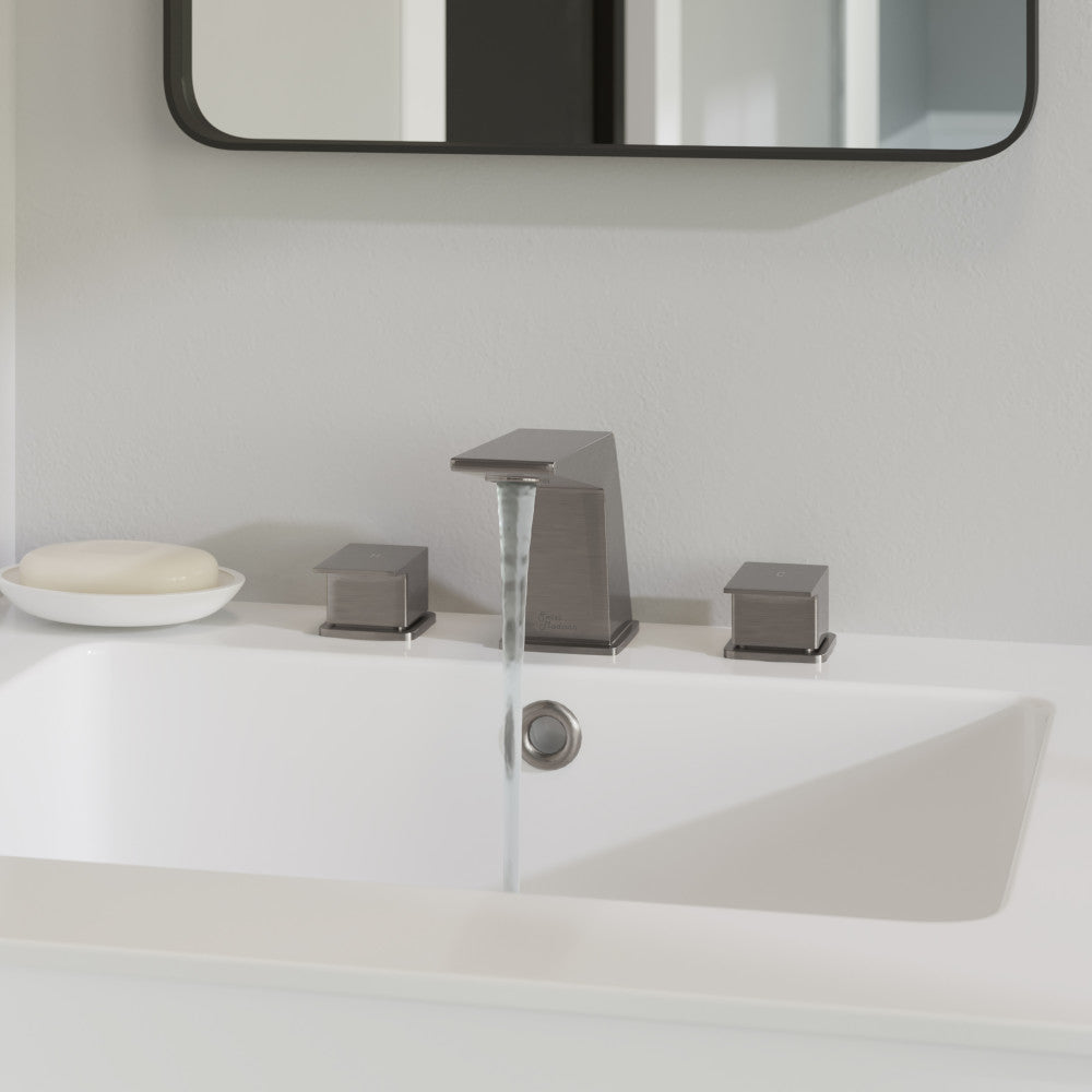 Carre 8 in. widespread bathroom faucet in brushed nickel, 2-handle design with water flowing.