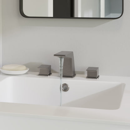 Carre 8 in. widespread bathroom faucet in brushed nickel, 2-handle design with water flowing.