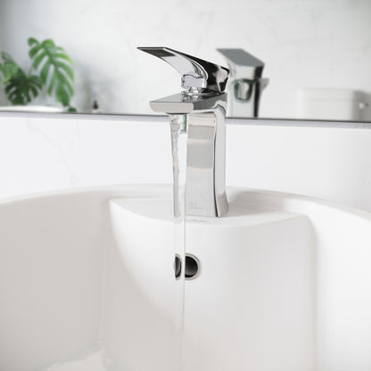 Single-handle bathroom faucet in chrome with modern angular spout and lever handle.