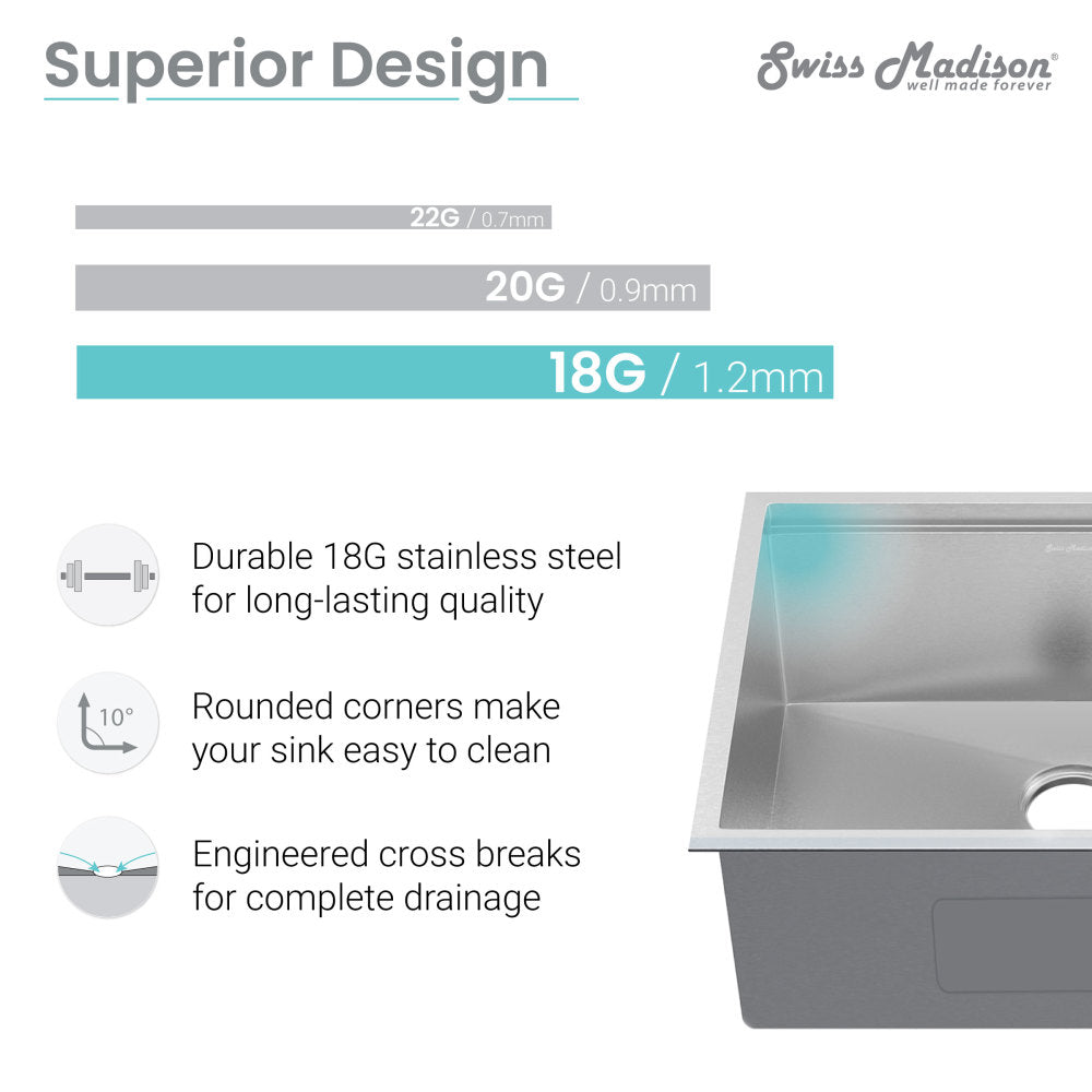27 x 19-inch stainless steel undermount kitchen workstation sink with single basin and rounded corners.