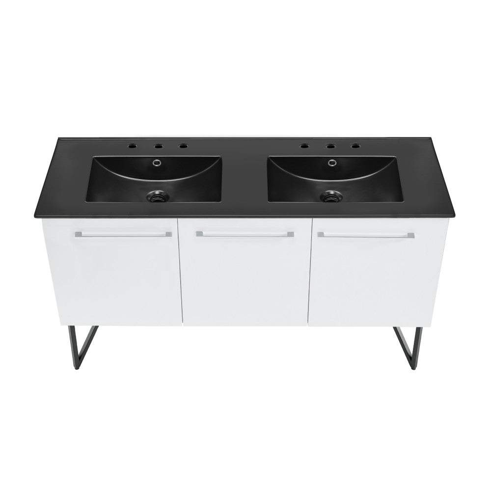 Annecy 60 in. White, Double Basin Bathroom Vanity With Black, 3-Hole Artificial Stone Sink Top