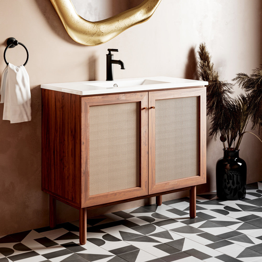 36-inch freestanding wooden bathroom vanity with two woven-texture doors and white ceramic sink top.