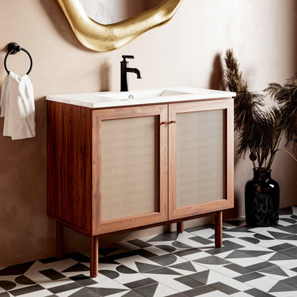 36-inch freestanding wooden bathroom vanity with two woven-texture doors and white ceramic sink top.