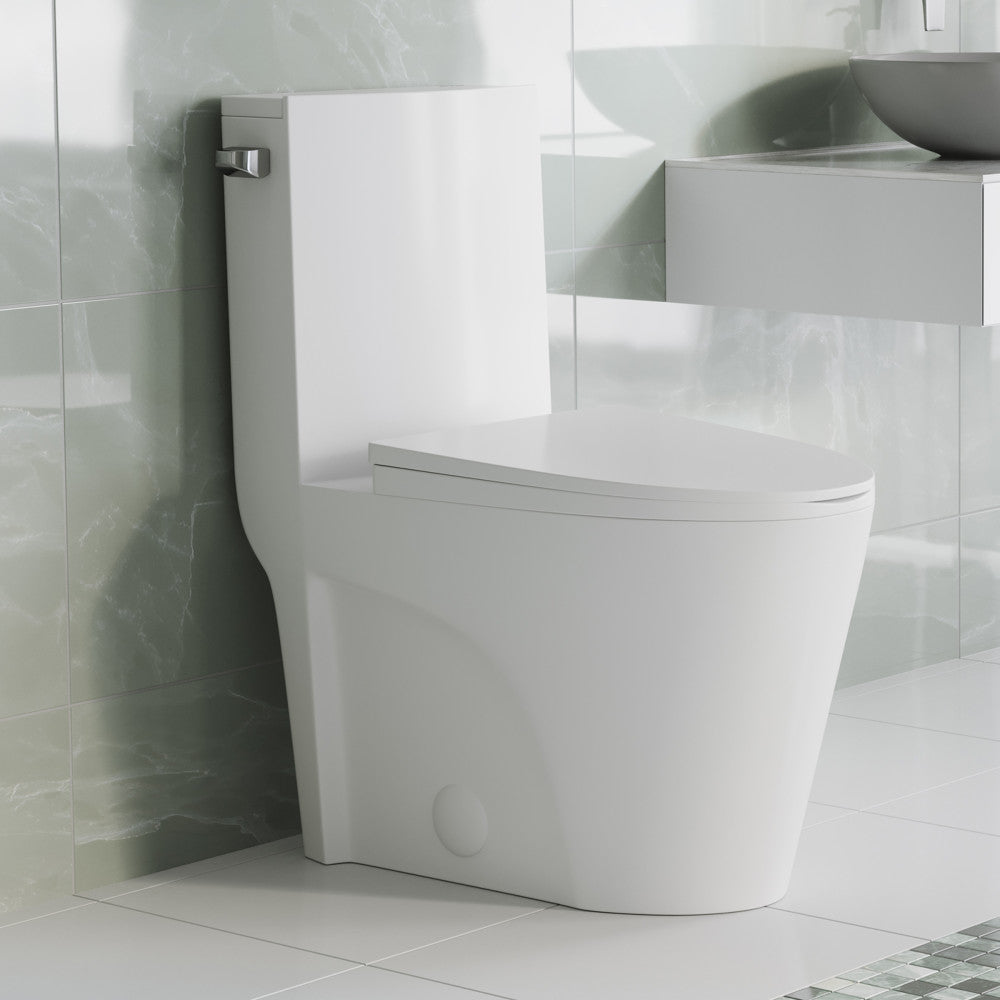 Elongated one-piece toilet with side flush, 1.28 gallons per flush, sleek white design.