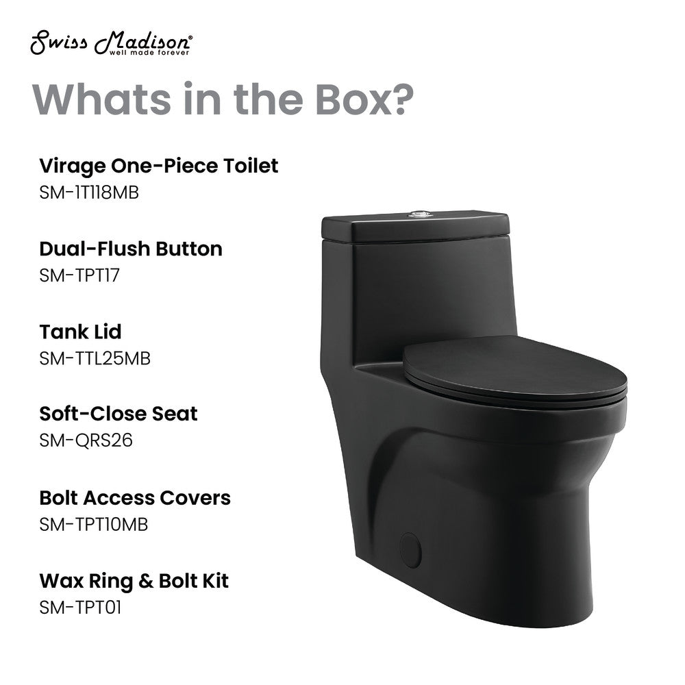 Elongated one-piece matte black toilet with dual-flush button and soft-close seat.