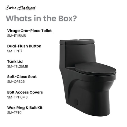 Elongated one-piece matte black toilet with dual-flush button and soft-close seat.