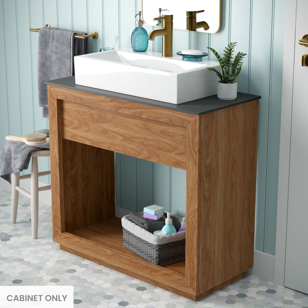 36-inch freestanding reclaimed wood bathroom vanity cabinet in natural teak with open shelf and rectangular vessel sink.