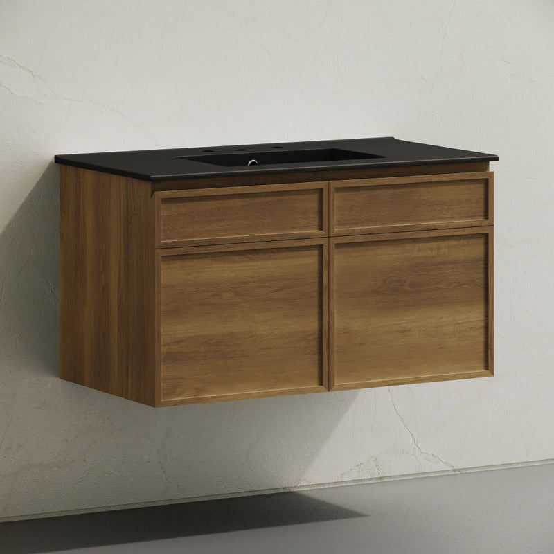 St. Tropez 36" Wall-Mounted Bathroom Vanity in Brown Oak with Black 3-Hole Widespread Sink Top