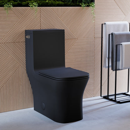 Elongated one-piece toilet in matte black with left-hand flush and compact design.