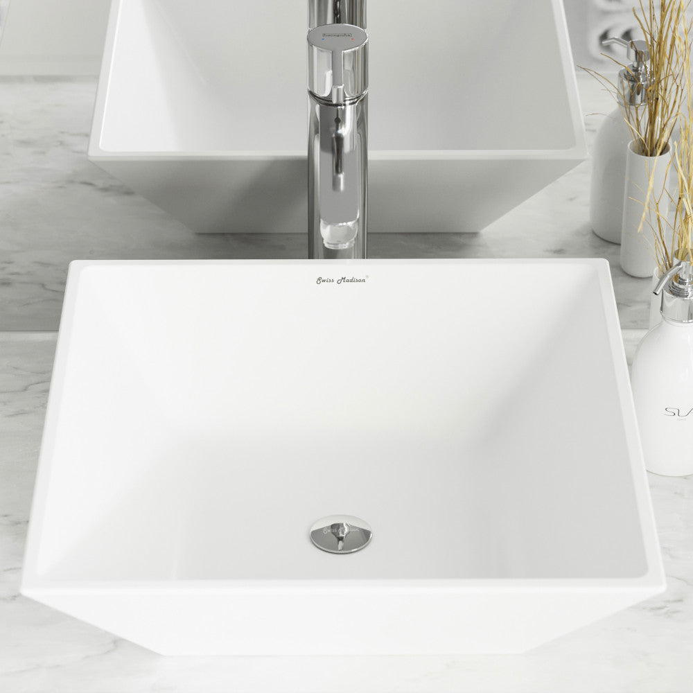 Square white ceramic vessel sink with sleek edges and center drain for bathroom use.