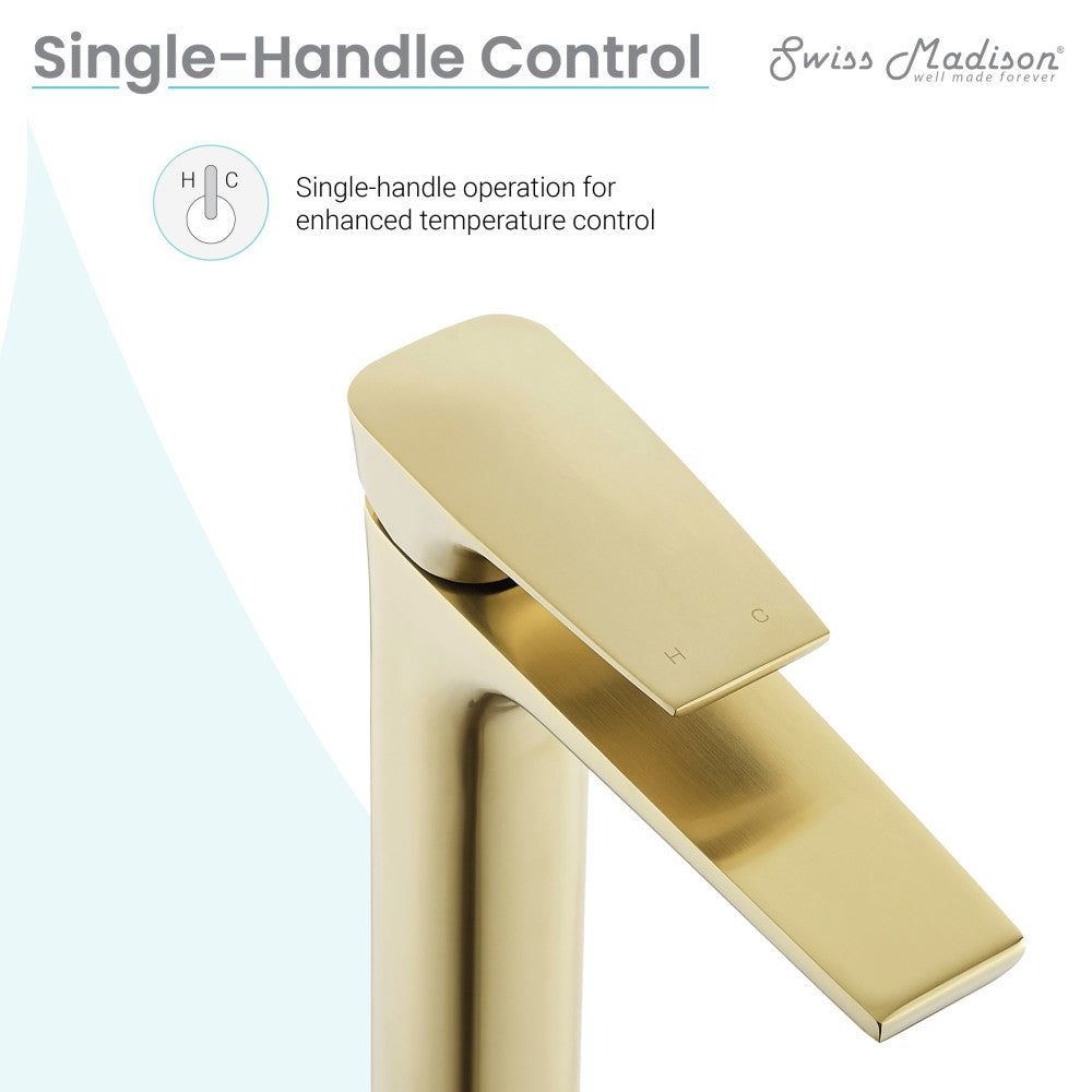 Single-handle high arc bathroom faucet in brushed gold, Monaco collection.