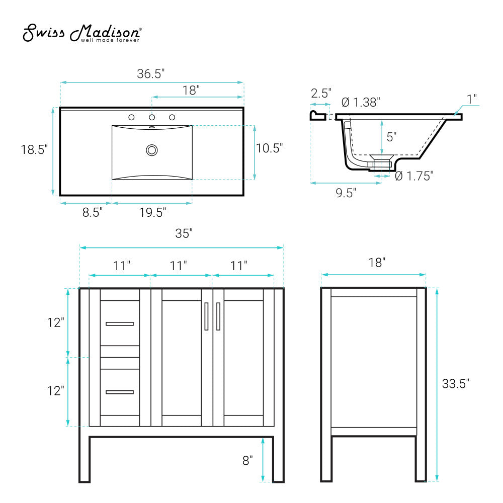 Forme 36" Modular Freestanding Bathroom Vanity with 3-Hole Widespread Top in White
