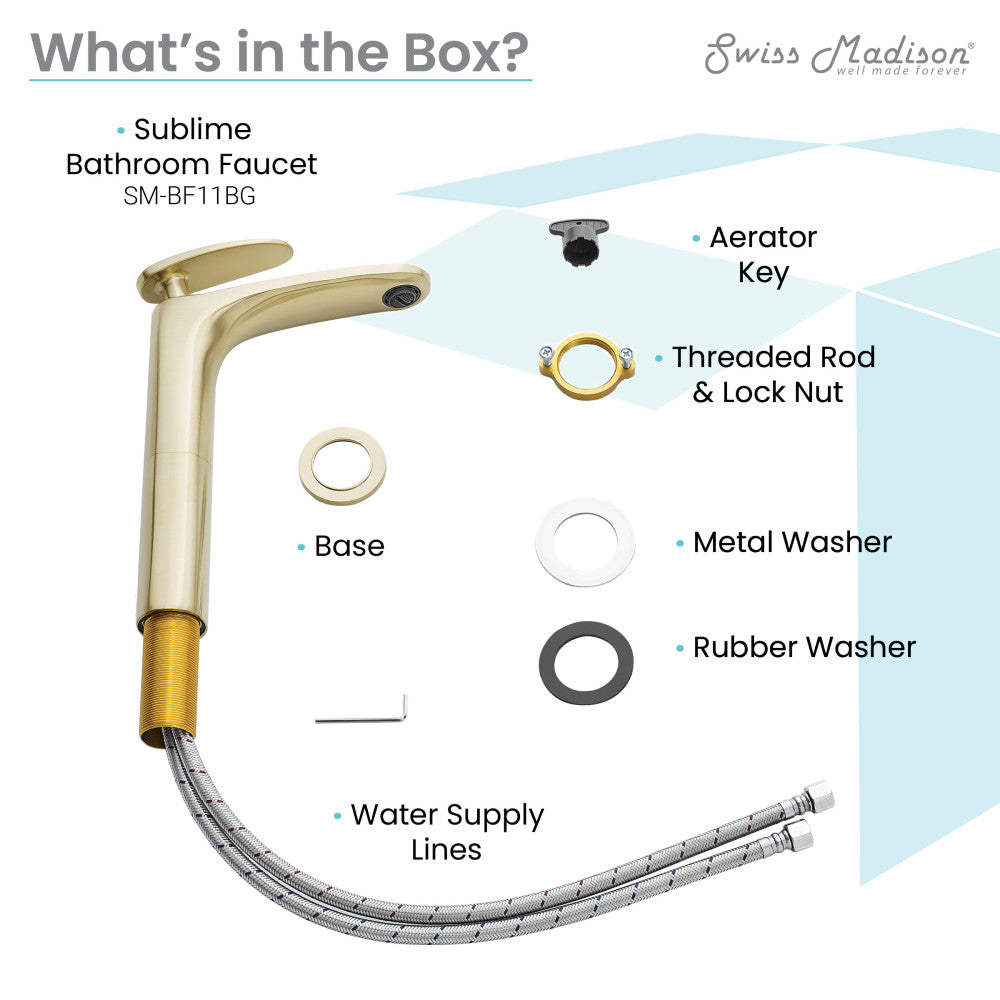 Single-handle high arc bathroom faucet in brushed gold with water supply lines and mounting hardware.