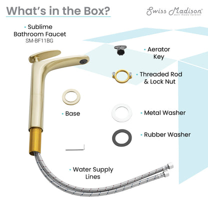 Single-handle high arc bathroom faucet in brushed gold with water supply lines and mounting hardware.