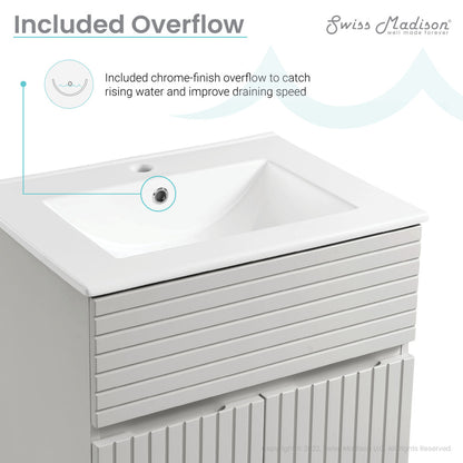 24-inch freestanding bathroom vanity in shell finish with single integrated sink and horizontal slat design.