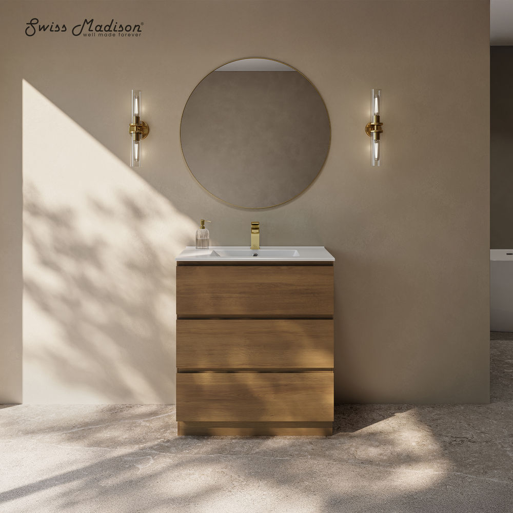 Liberte 30" Freestanding Bathroom Vanity in Brown Oak with Sink Top