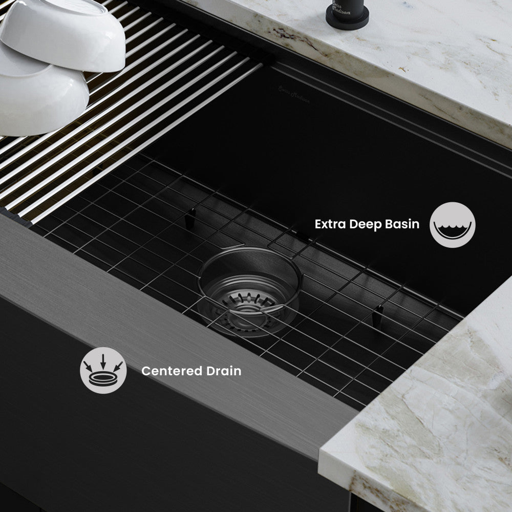 Tourner 33 x 22 Stainless Steel, Single Basin, Farmhouse Kitchen Workstation Sink with Apron in Black