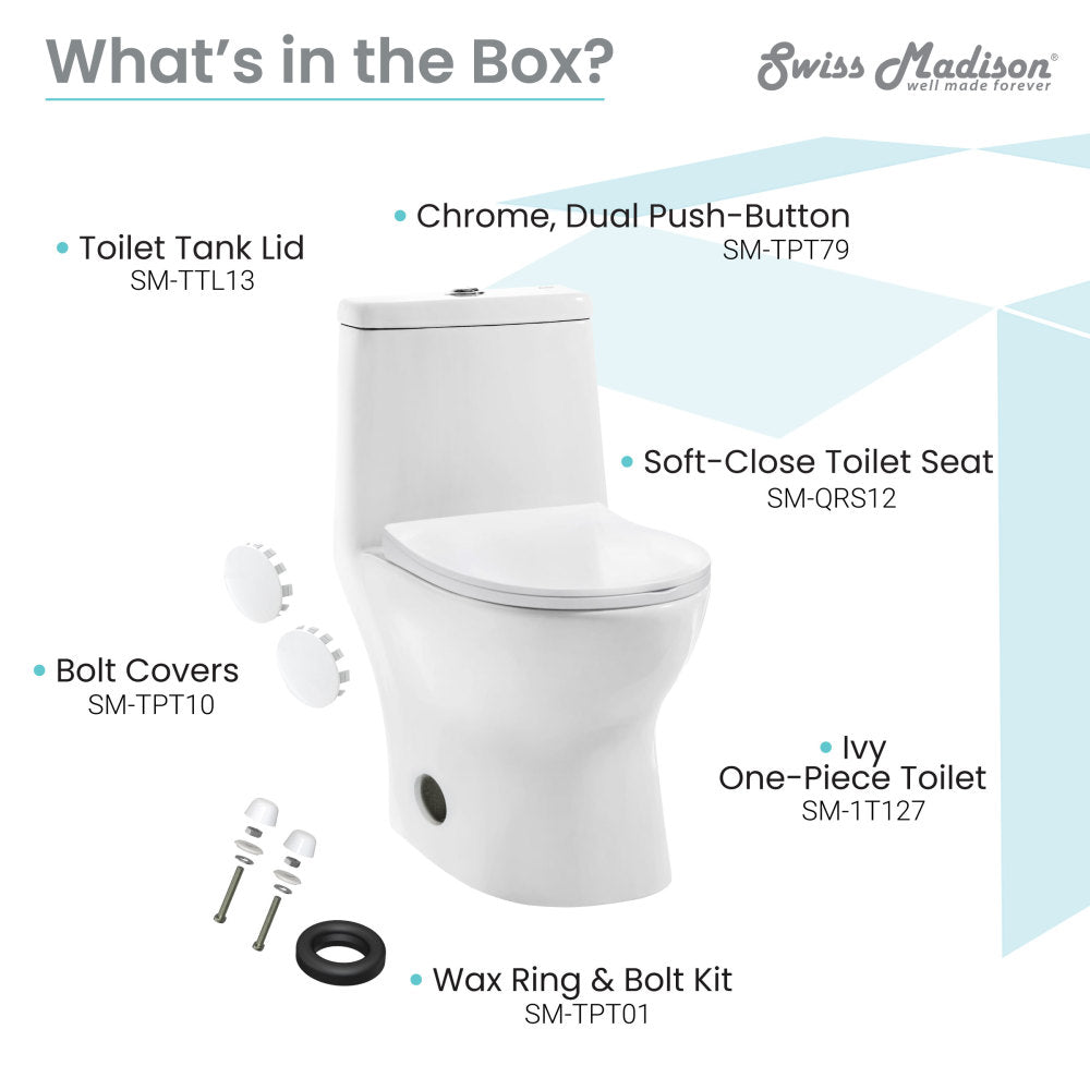 Elongated one-piece toilet with soft-close seat and chrome dual push-button flush.