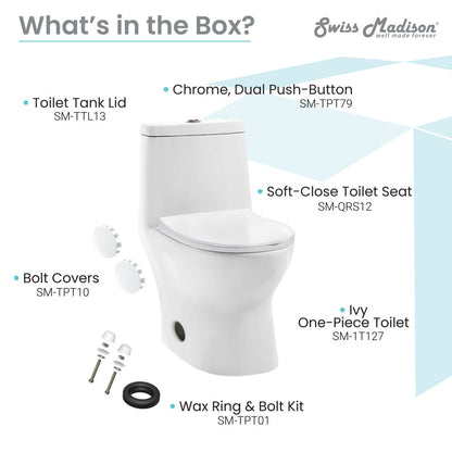 Elongated one-piece toilet with soft-close seat and chrome dual push-button flush.