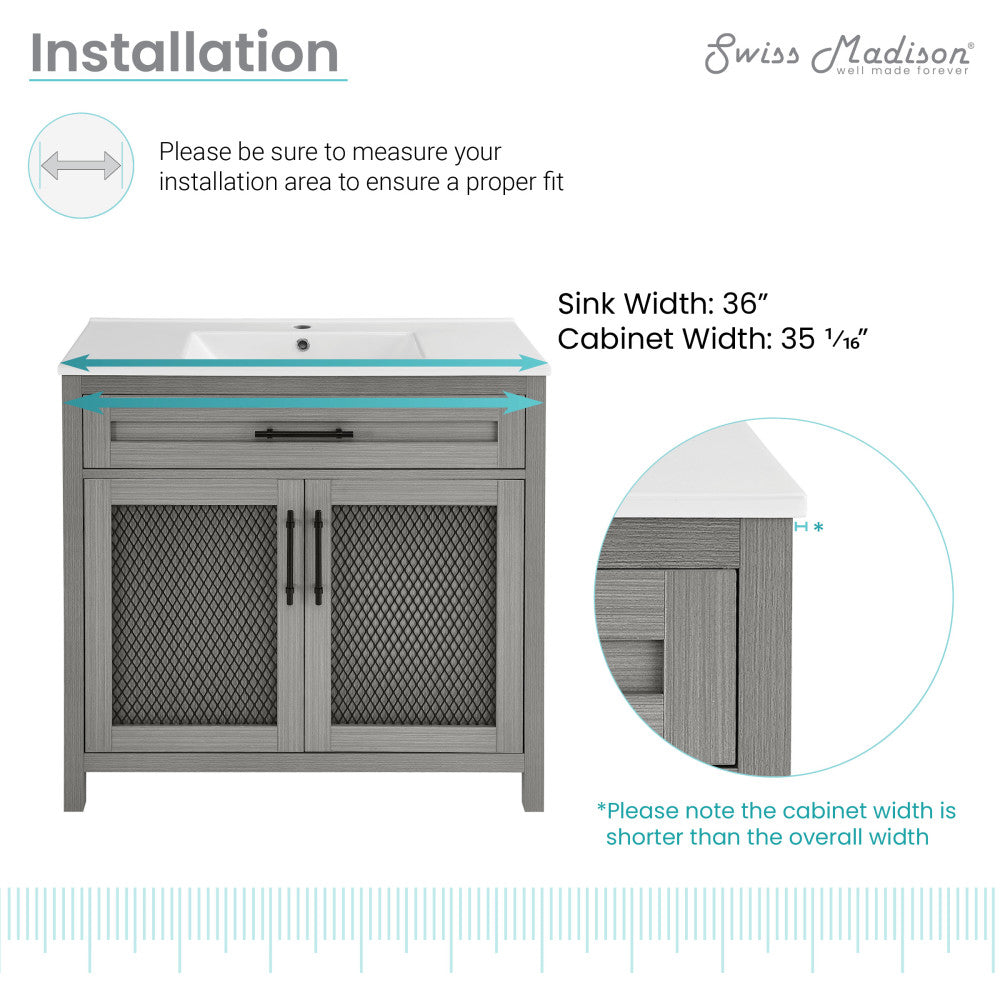 36-inch freestanding bathroom vanity in carbon gray with double-door cabinet and sink top.