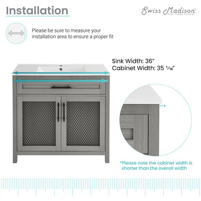 36-inch freestanding bathroom vanity in carbon gray with double-door cabinet and sink top.