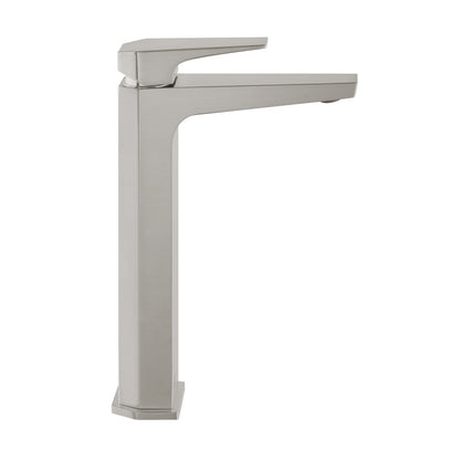 Single-handle high arc bathroom faucet in brushed nickel with modern rectangular design.