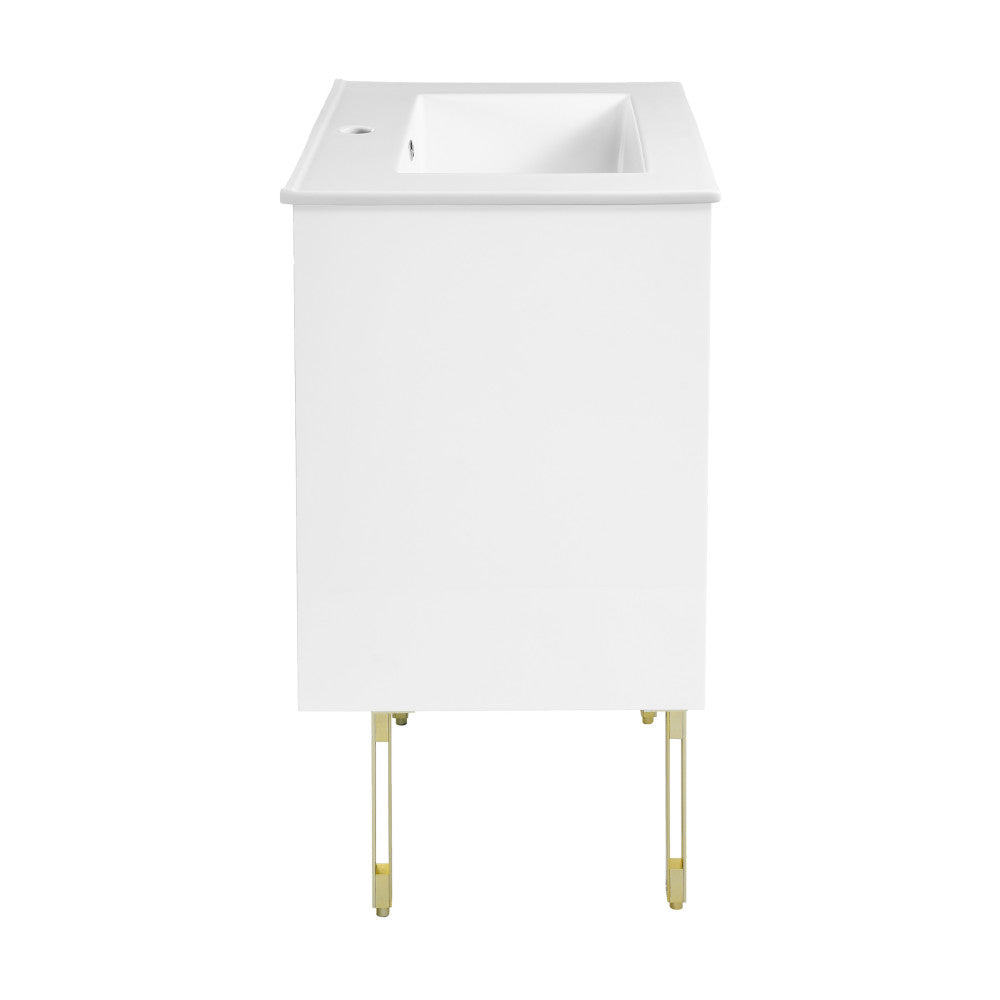 24-inch freestanding white bathroom vanity with single sink and gold metal legs.