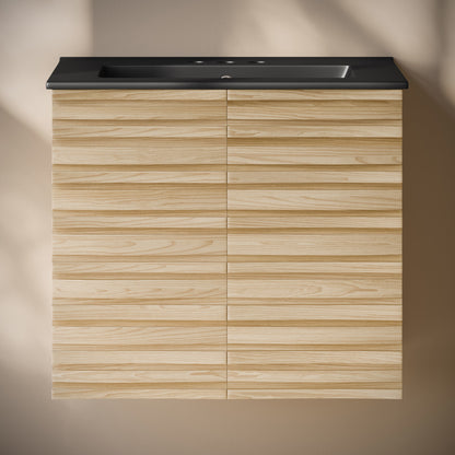 Cascade 24" Wall-Mounted Bathroom Vanity in Natural Oak with Black 3-Hole Centerset Sink Top