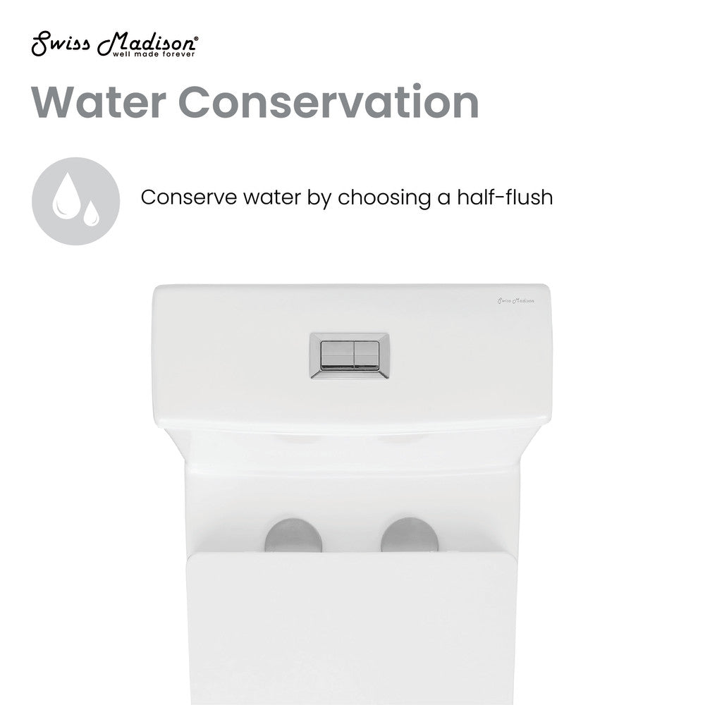 Elongated one-piece toilet, dual flush, white ceramic, rectangular flush button, smooth skirted trapway.