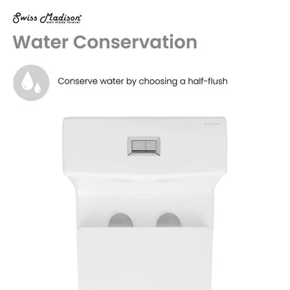 Elongated one-piece toilet, dual flush, white ceramic, rectangular flush button, smooth skirted trapway.