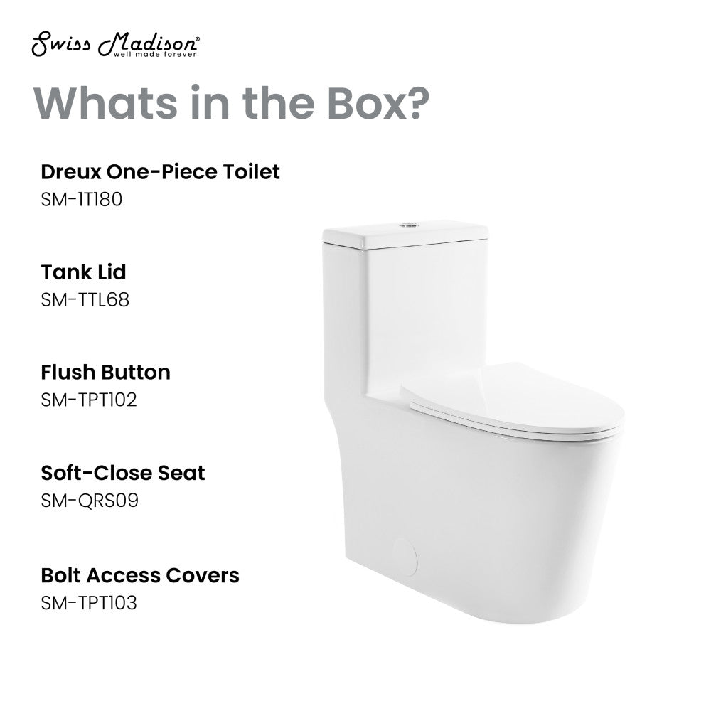 Elongated one-piece toilet with soft-close seat and flush button, white ceramic finish.