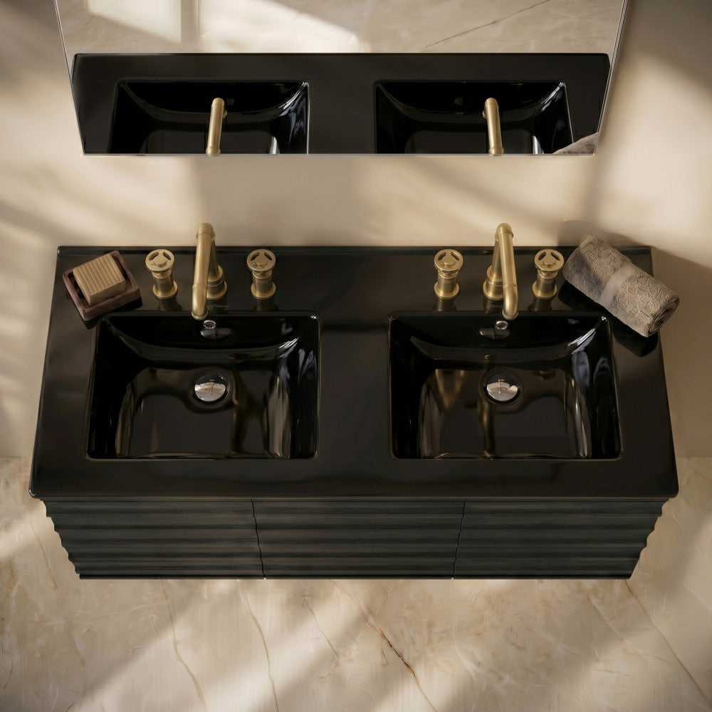48" 3-Hole Widespread Double Basin Vanity Sink Top in Glossy Black