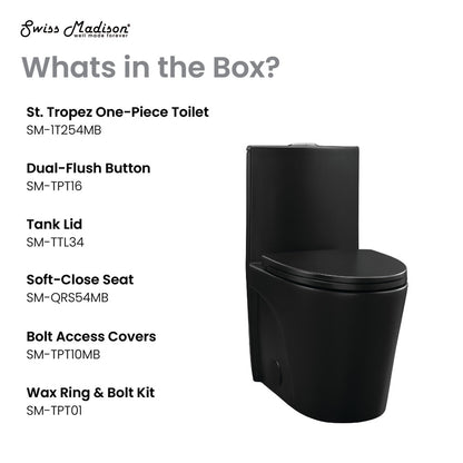 Elongated one-piece toilet in matte black with dual-flush and soft-close seat.