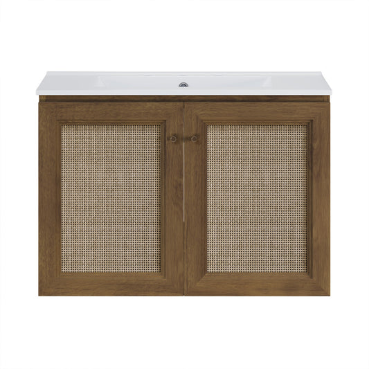 Classe 30" Wall-Mounted Bathroom Vanity in Brown Oak with Widespread Faucet Holes Vanity Top