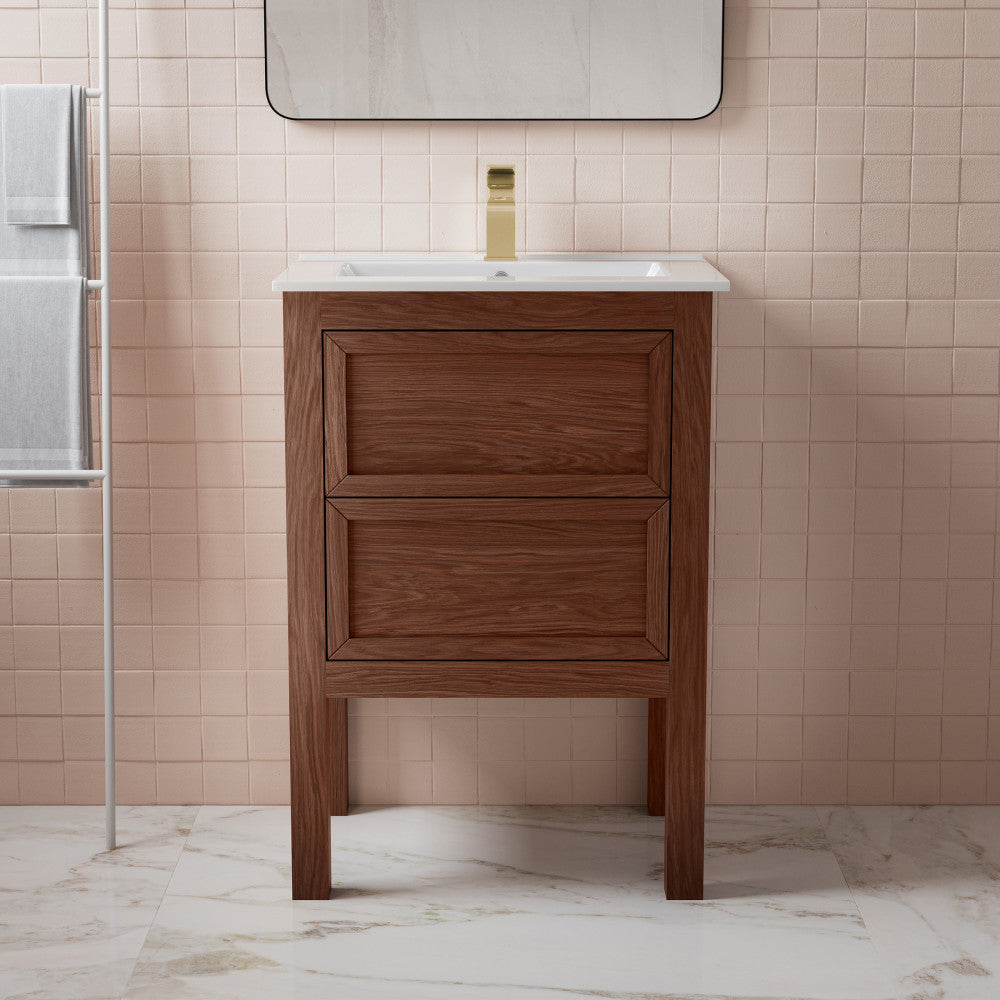24-inch freestanding bathroom vanity in brown oak with single sink and two soft-close drawers.