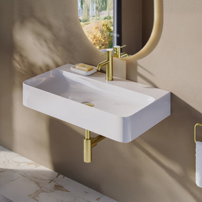 32" white rectangular vessel sink with faucet mount, glossy finish, wall-mounted bathroom sink.