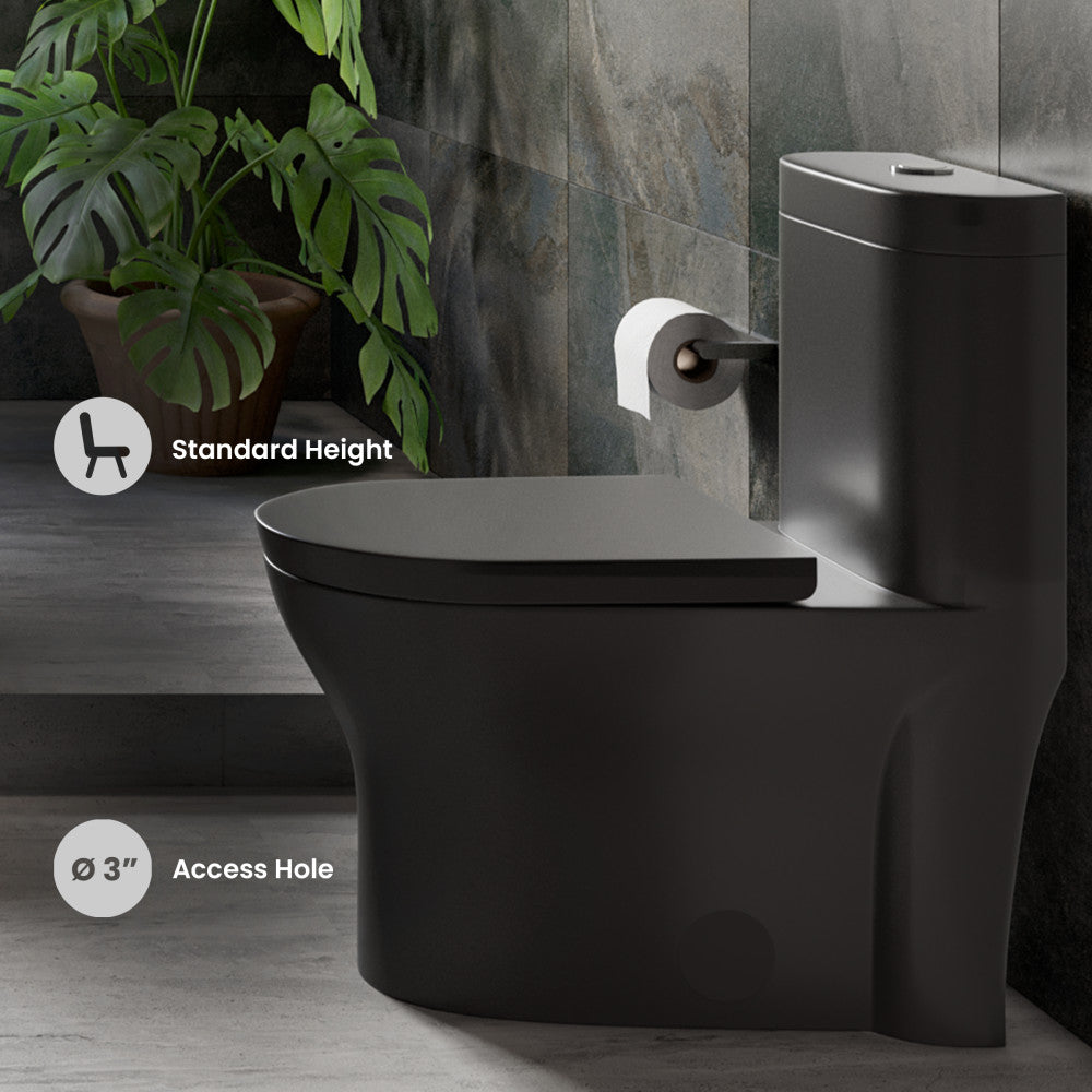 Elongated one-piece toilet in matte black, dual-flush with skirted trapway and soft-close seat.