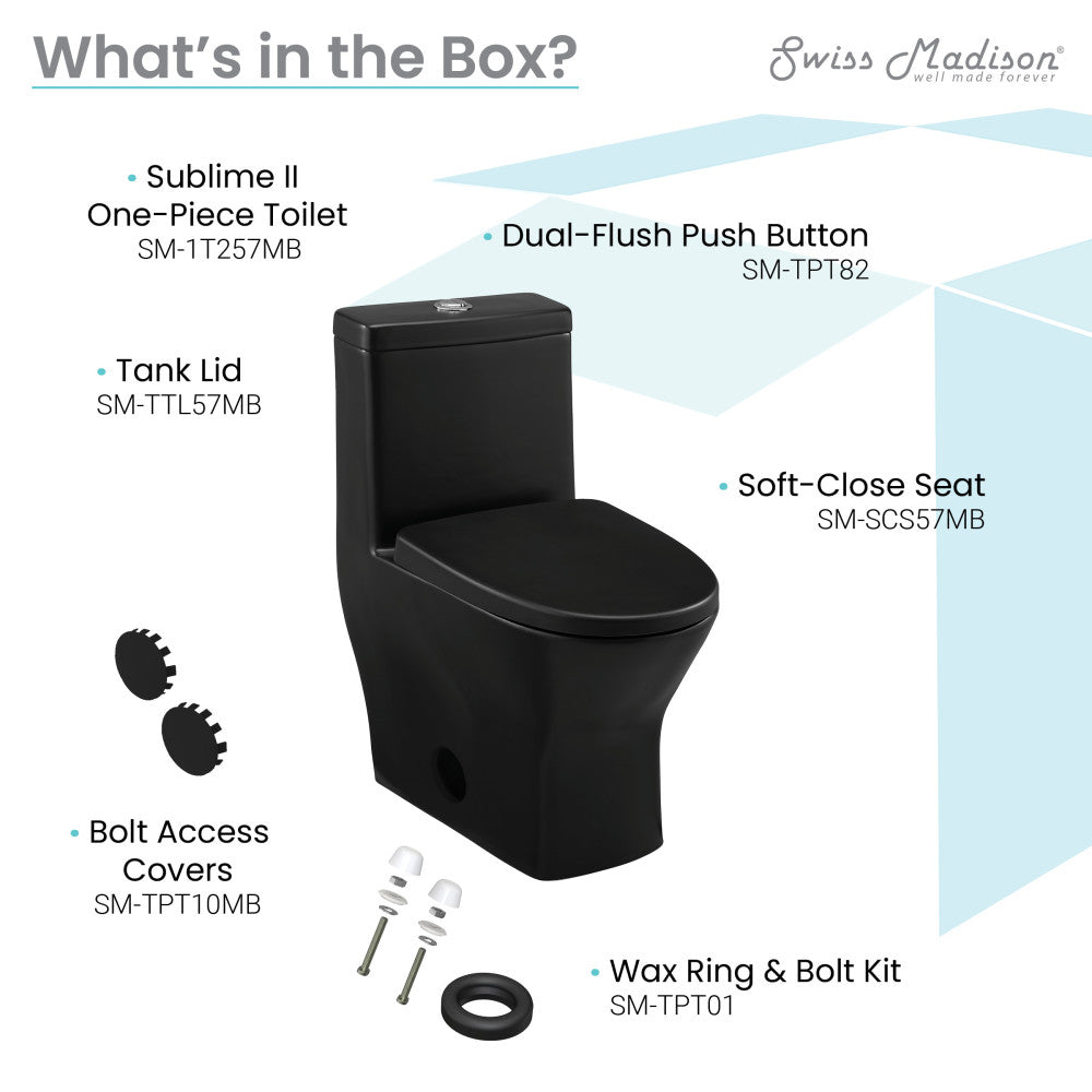 Round one-piece compact toilet in matte black, dual-flush, soft-close seat, skirted trapway design.