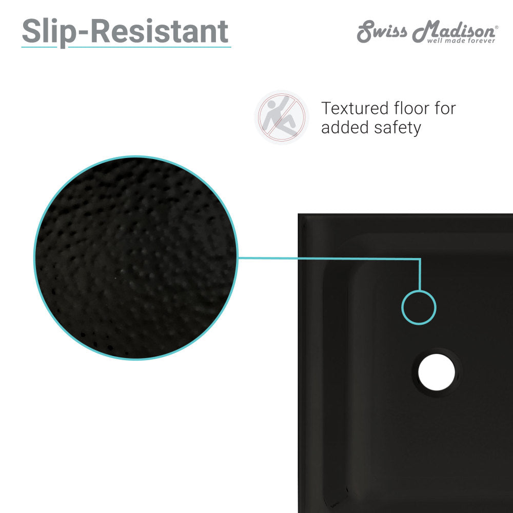 60-inch acrylic black shower base with single-threshold and center drain, textured slip-resistant floor.