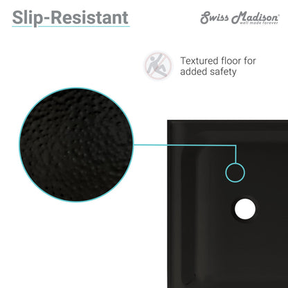 60-inch acrylic black shower base with single-threshold and center drain, textured slip-resistant floor.