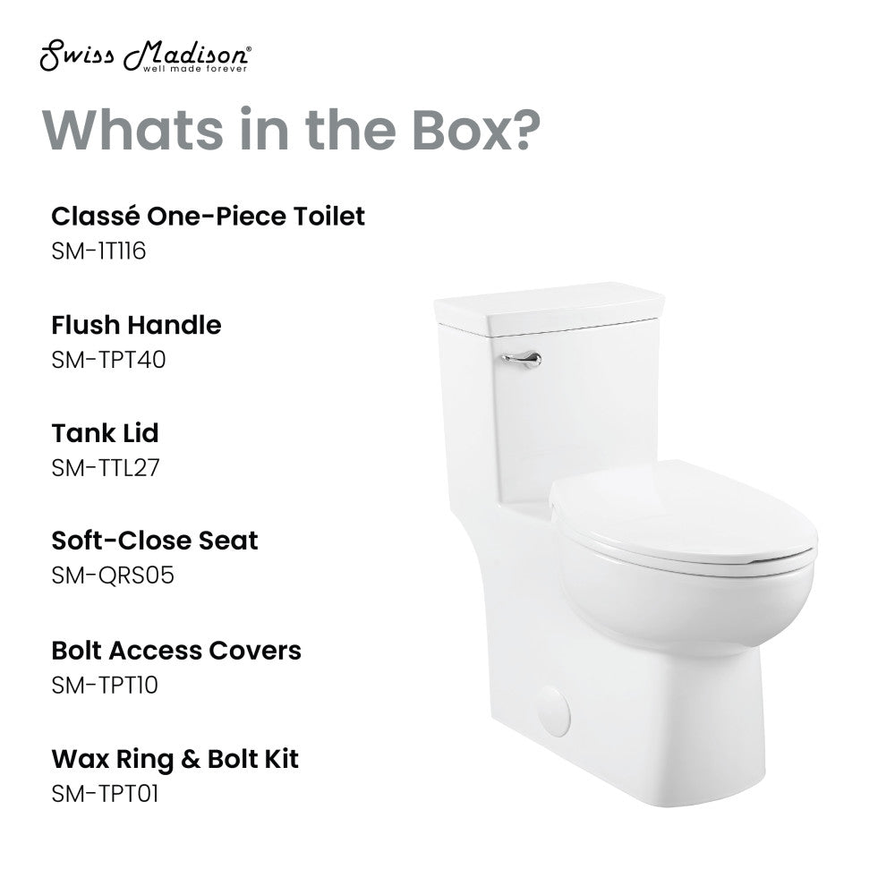 Elongated one-piece toilet with front flush handle, 1.28 gallons per flush, white ceramic.