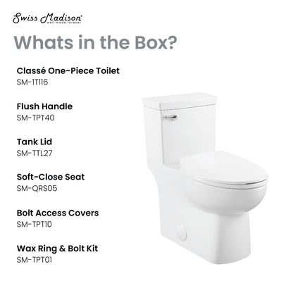 Elongated one-piece toilet with front flush handle, 1.28 gallons per flush, white ceramic.