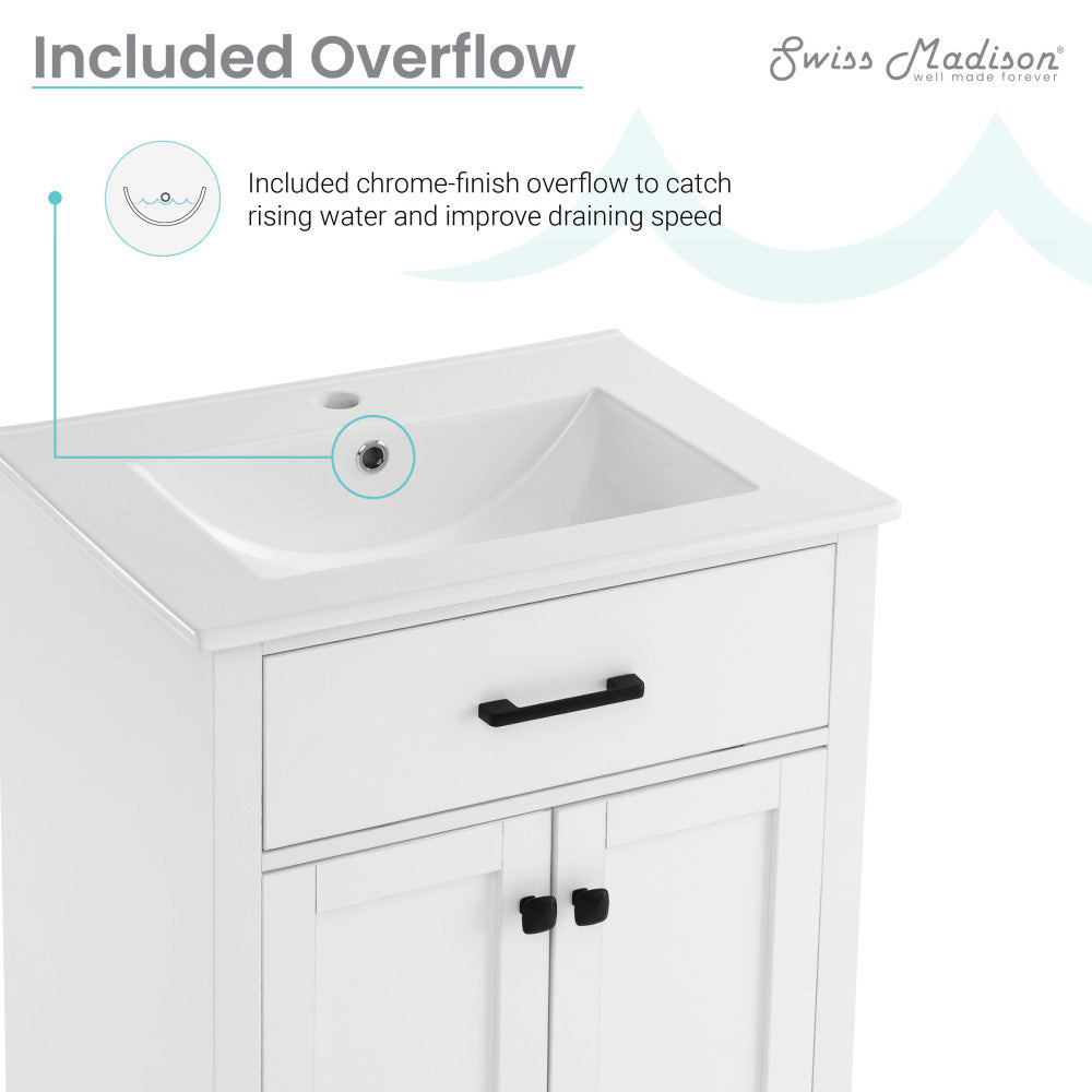 24-inch freestanding white bathroom vanity with single sink, soft-close doors, and black hardware.