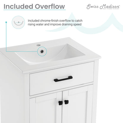 24-inch freestanding white bathroom vanity with single sink, soft-close doors, and black hardware.
