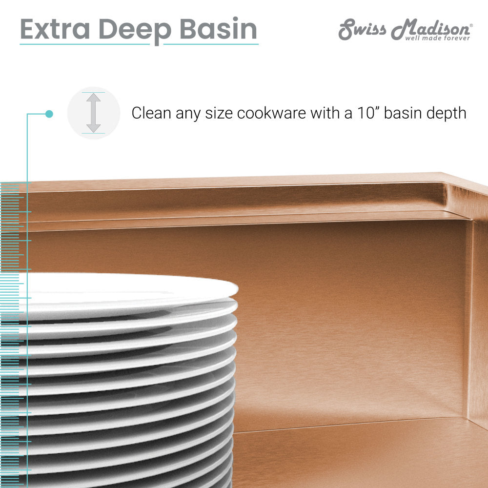 33x22-inch single basin farmhouse kitchen sink in rose gold with apron front and deep basin.